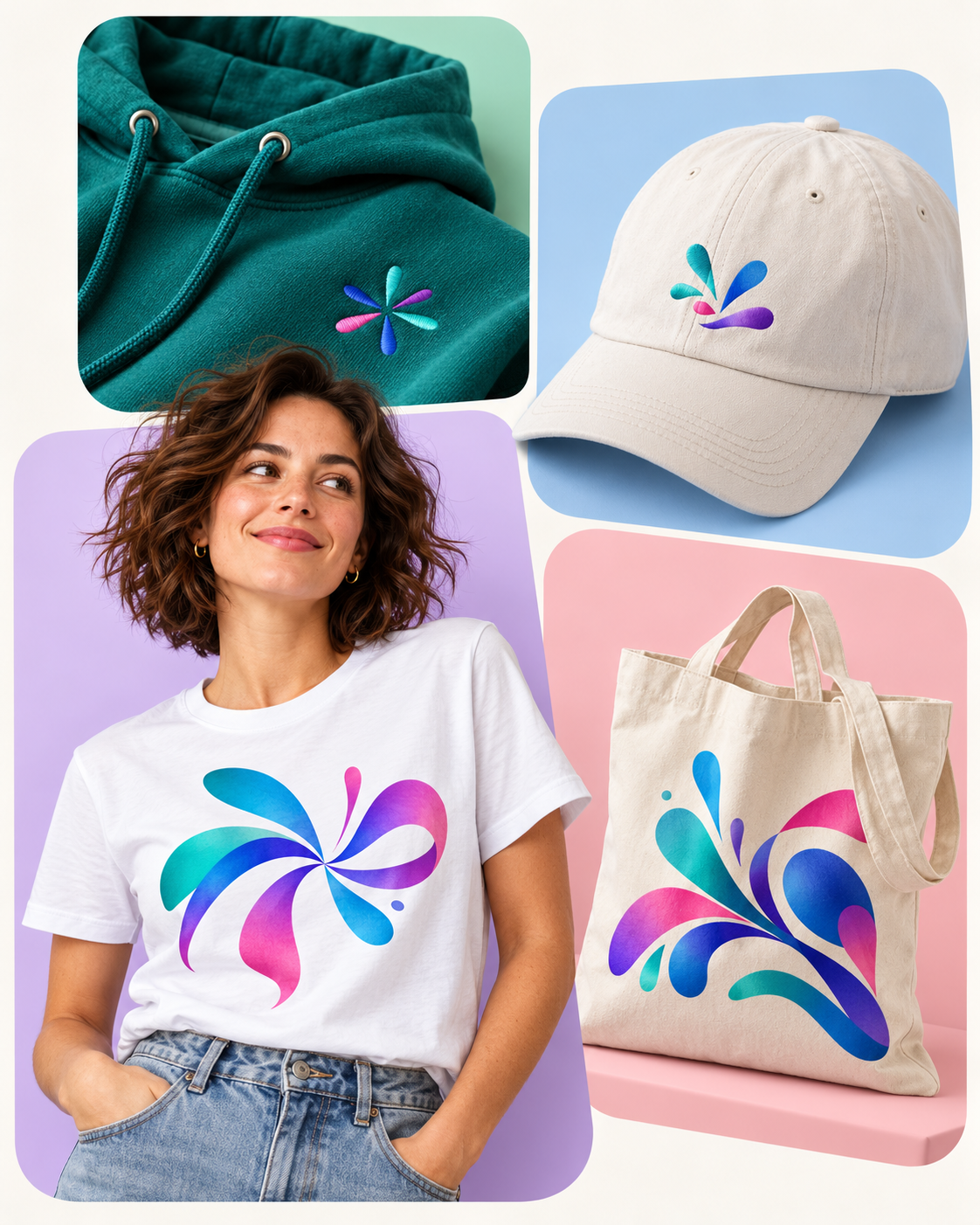 Créatrice en T-shirt imprimé, sweat brodé, casquette et sac textile personnalisés aux couleurs de L’Atelier Magic