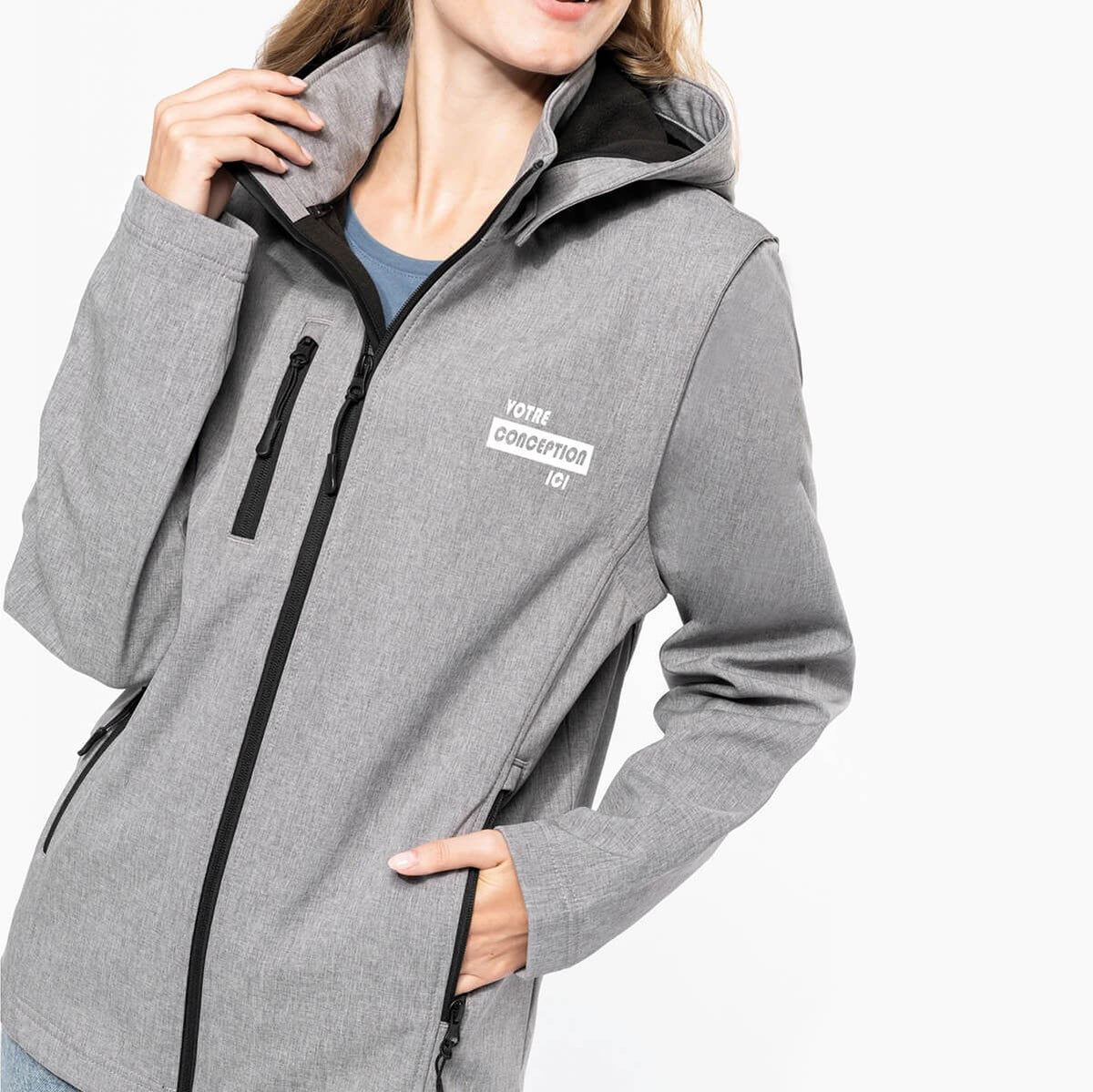 K422 - Veste Softshell 3 couches à capuche avec manches amovibles personnalisée homme femme unisexe